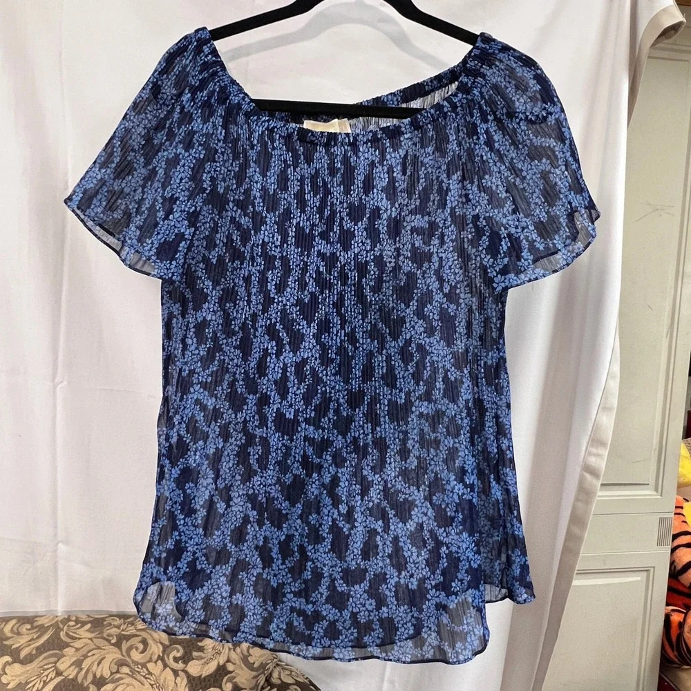 Michael Kors Navy Blue Floral Off Shoulder Sheer Pleated Metallic Blouse Large